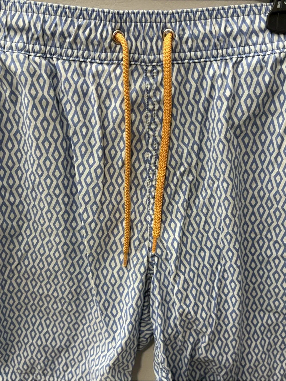 J Crew Men's Light Blue Geometric Swim Shorts with Yellow Drawstring